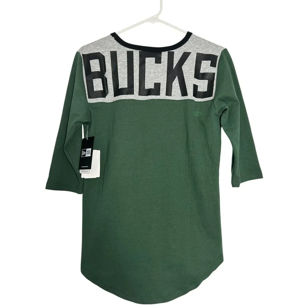 Milwaukee Bucks Women's 3/4 Sleeve Green & Gray New Era Shirt Small - Picture 2 of 12